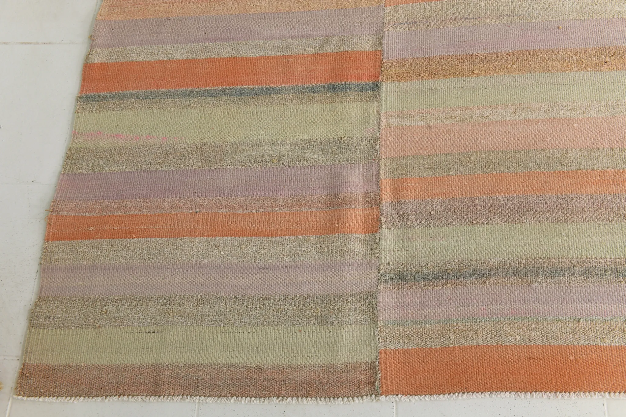 Salmon & Pink Mid Cenyury Modern Kilim Rug, Vintage Striped Boho Carpet