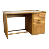 Vintage bamboo and woven rattan desk — glass top