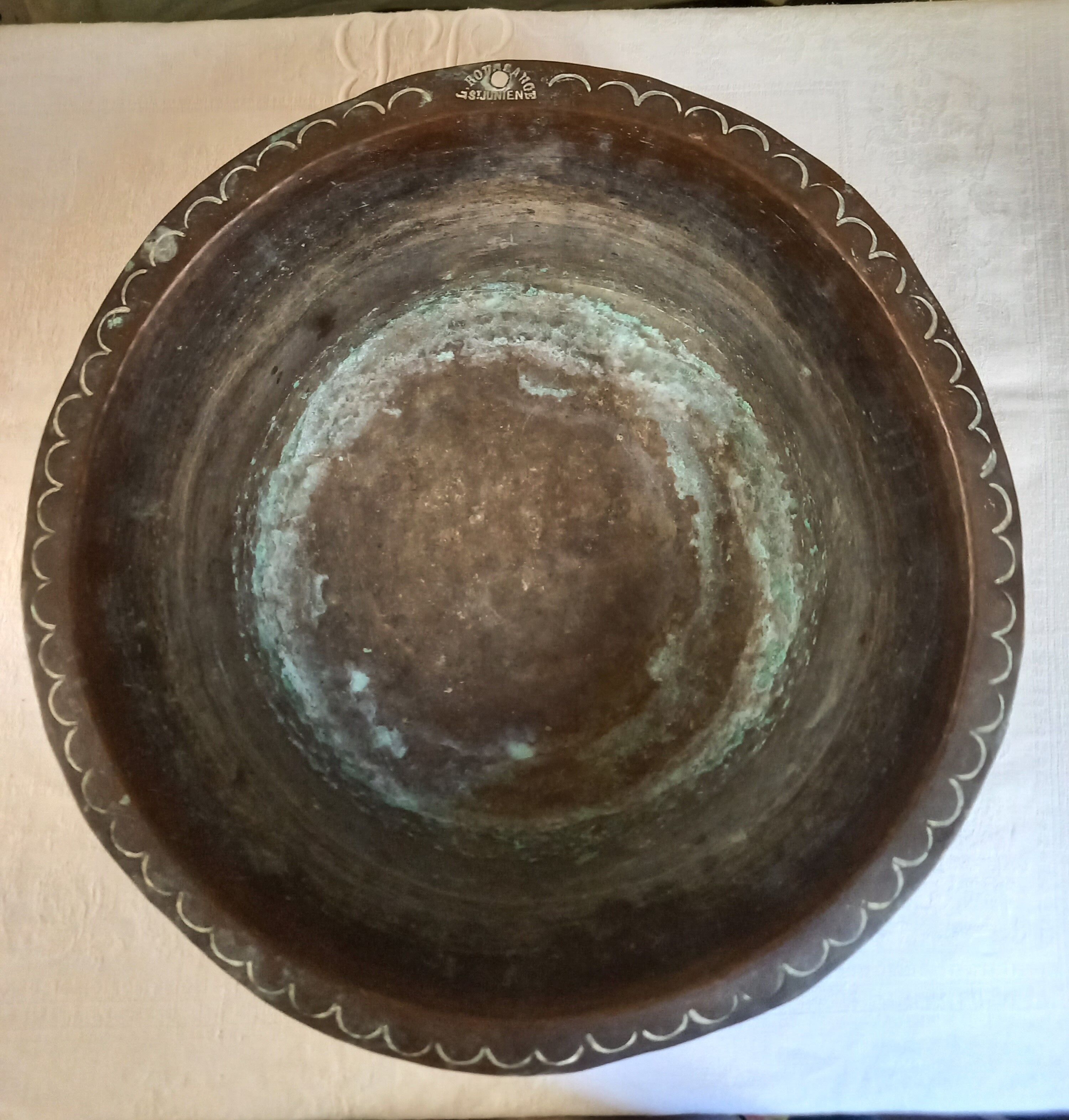 Old copper basin, stamped L.Roussange, Saint-Junien