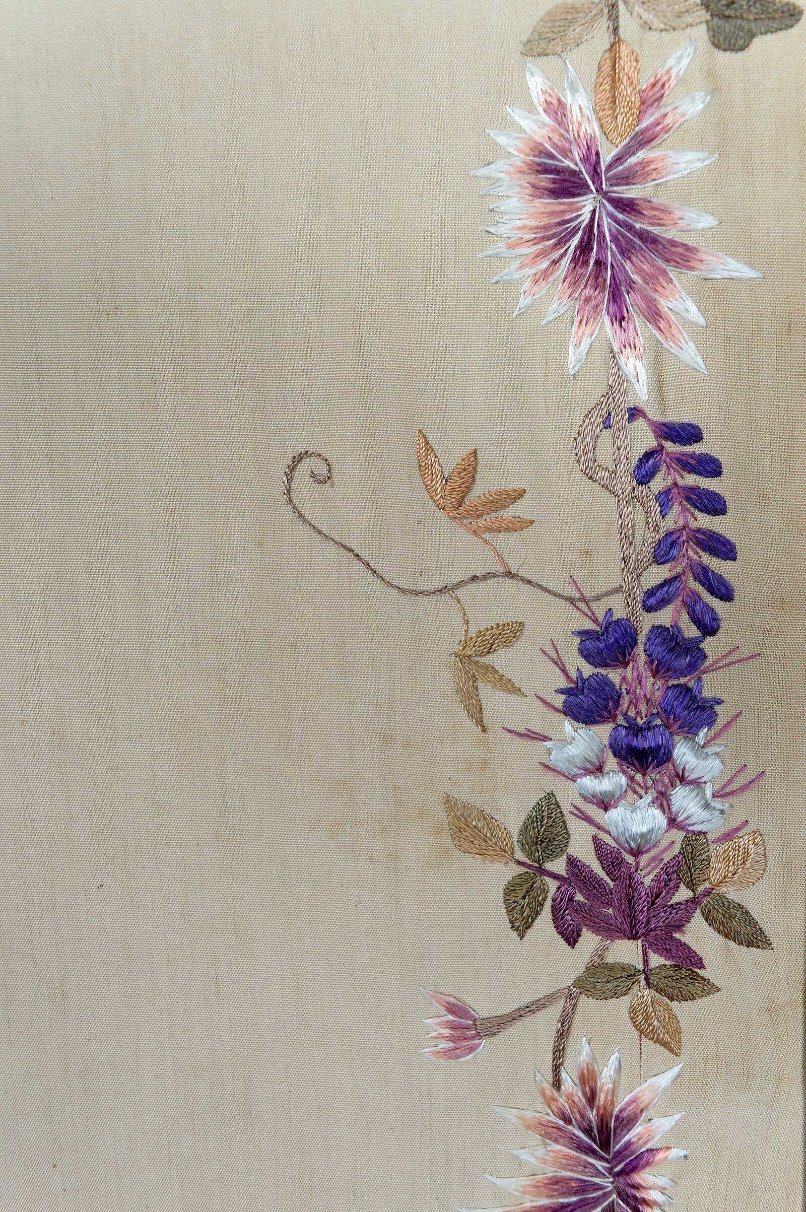 Important Set of Three Indochinese Silk Embroidered Tapestries