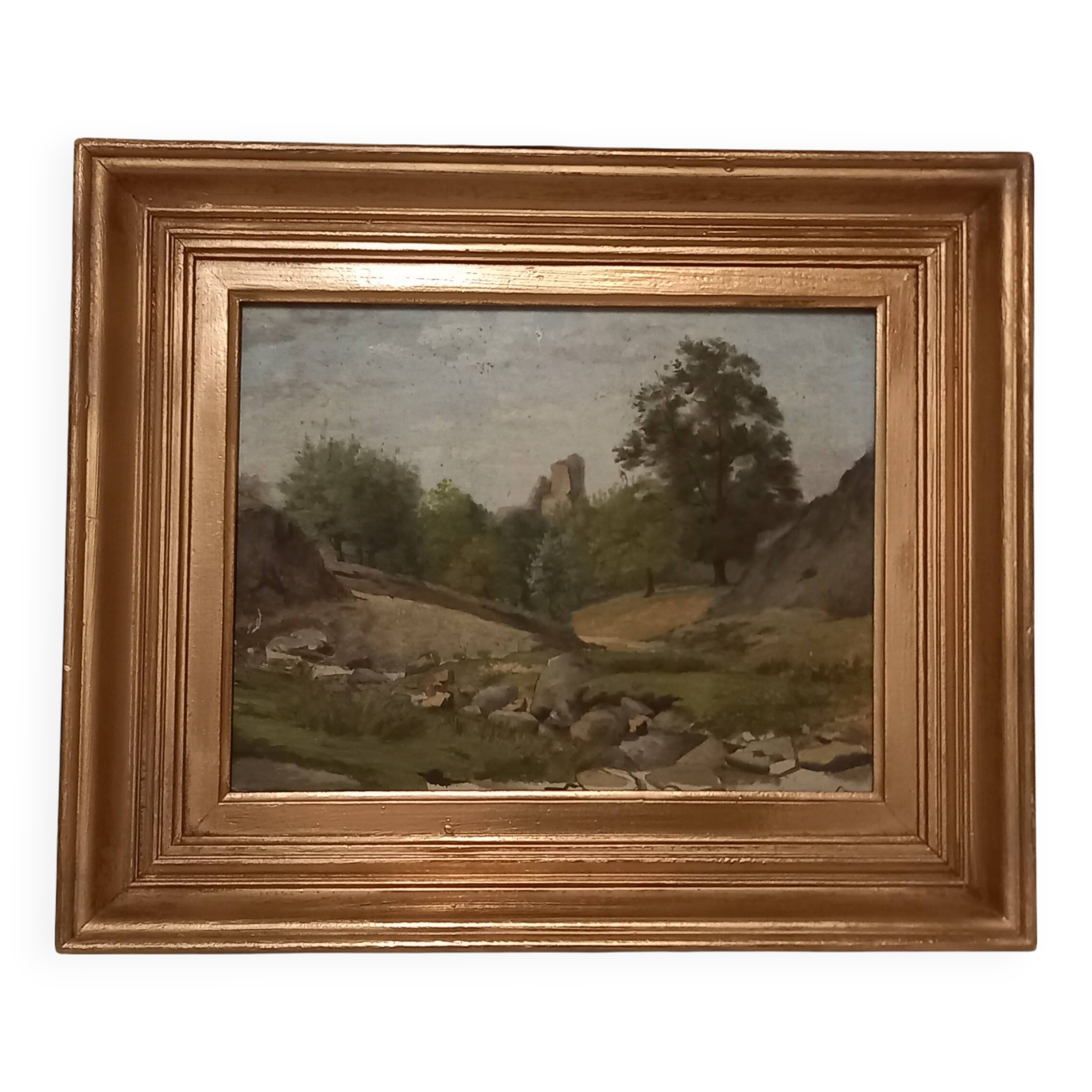 Old painting, oil on wood, rural landscape, small mountain, torrent