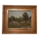 Old painting, oil on wood, rural landscape, small mountain, torrent