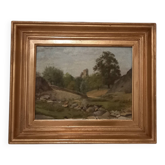 Old painting, oil on wood, rural landscape, small mountain, torrent