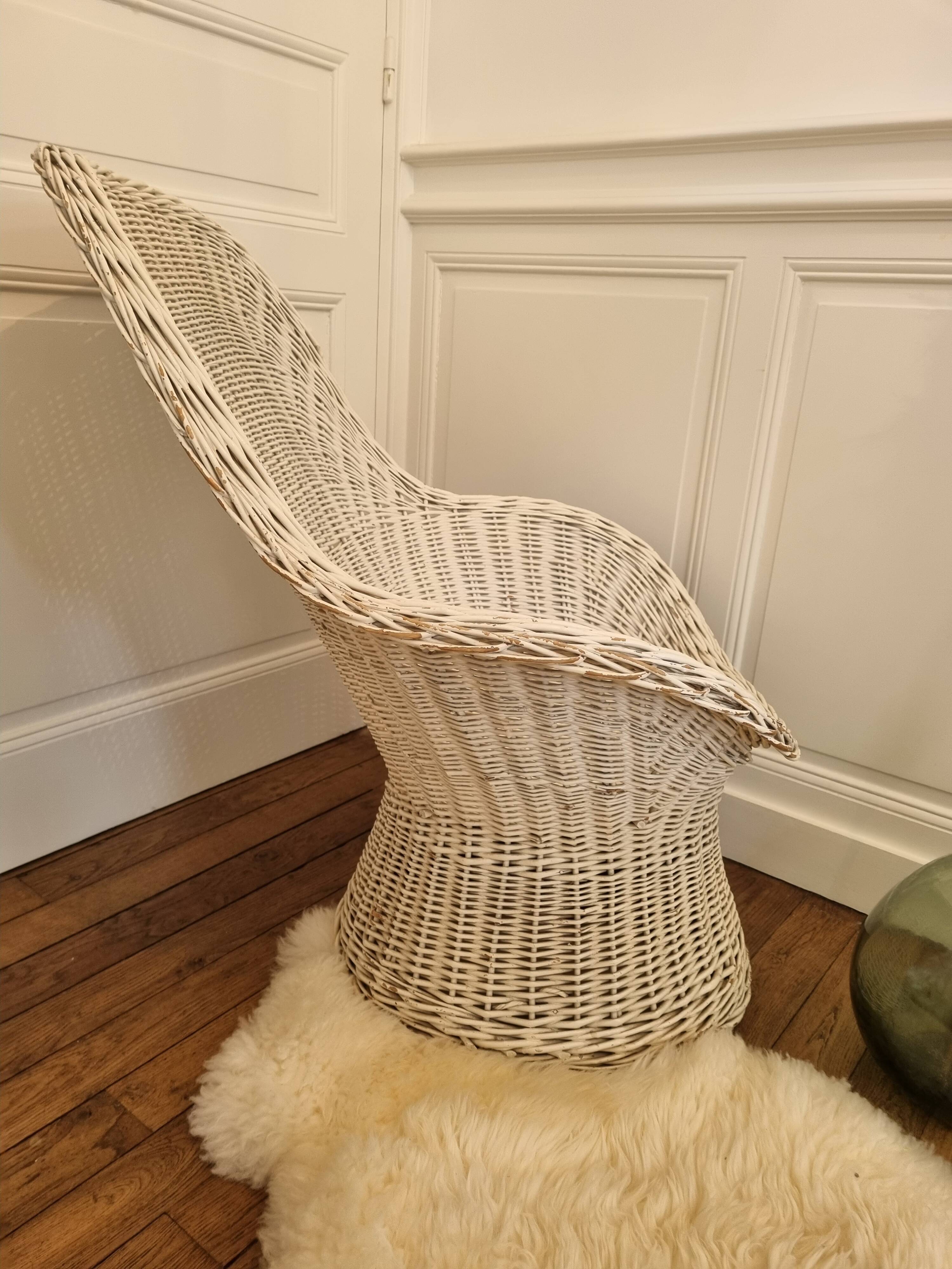 Vintage white rattan armchair