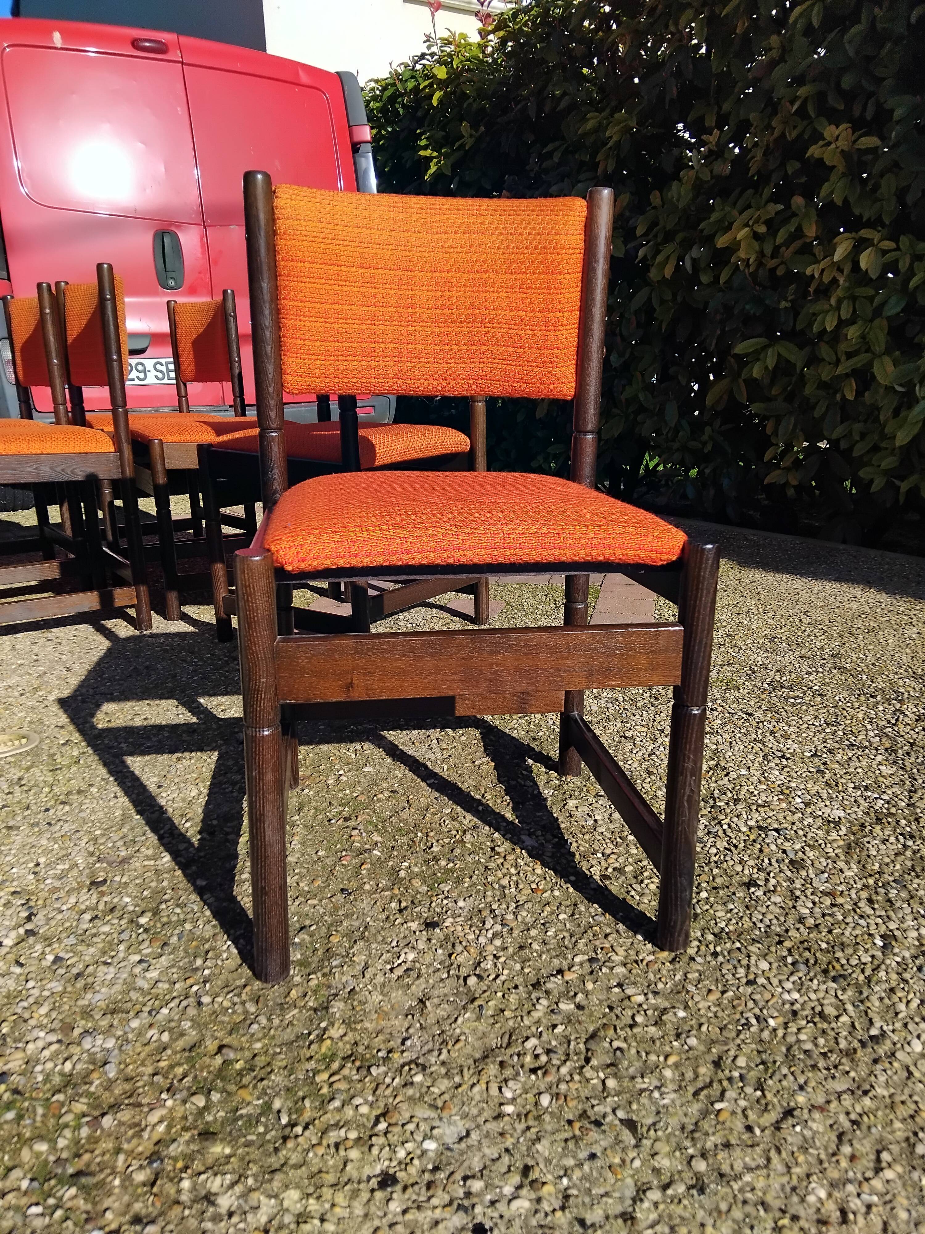 6 vintage wooden and orange fabric chairs