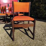 6 vintage wooden and orange fabric chairs
