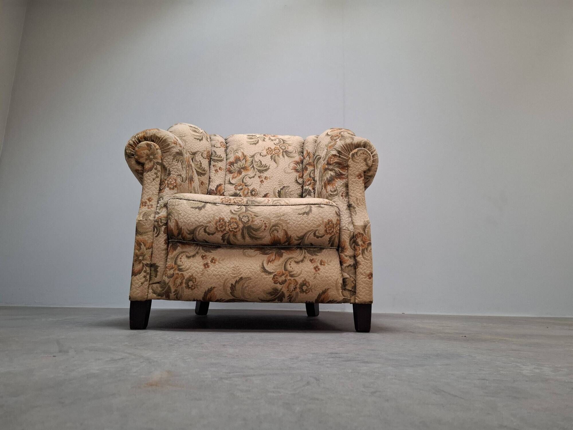 1930s Art Deco Czech Floral Upholstered Wingback Armchair