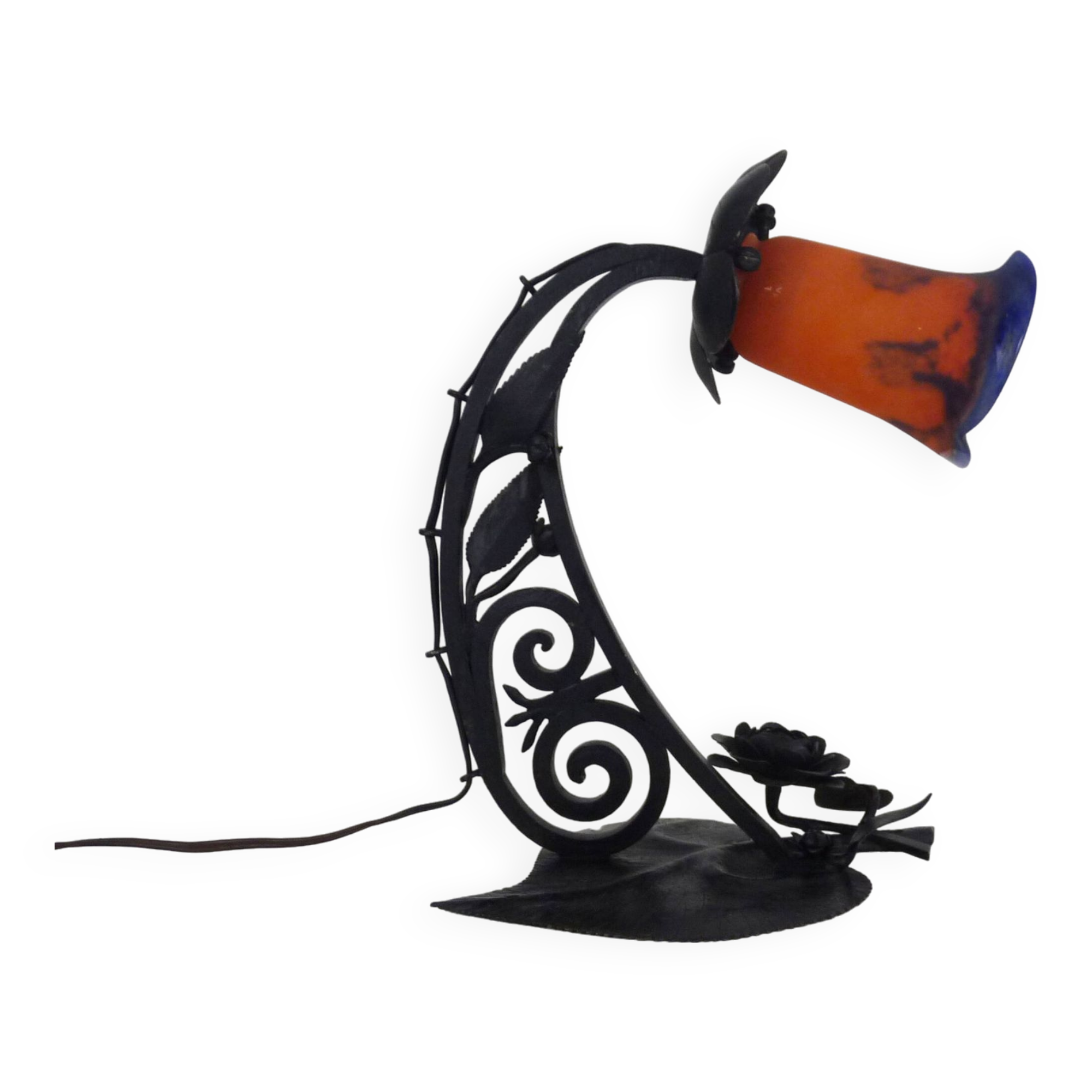 Art Deco Noverdy tulip lamp with black wrought iron base. 1930s