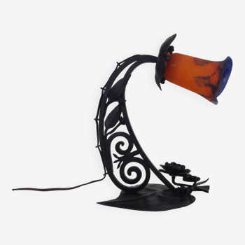 Art Deco Noverdy tulip lamp with black wrought iron base. 1930s