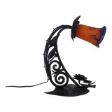 Art Deco Noverdy tulip lamp with black wrought iron base. 1930s