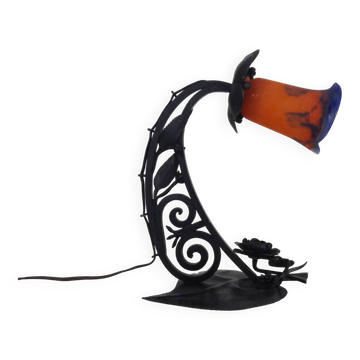 Art Deco Noverdy tulip lamp with black wrought iron base. 1930s