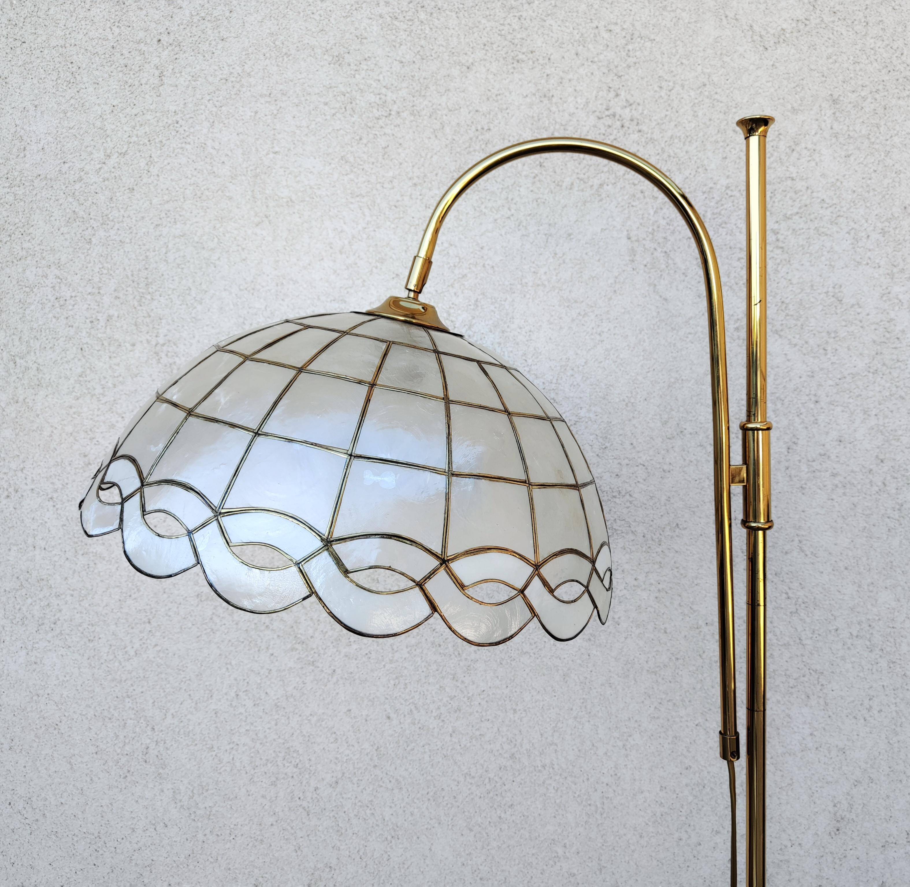Mid Century Modern brass floor lamp with Capiz shell shade 1970s