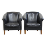 Set of 2 Black Cowhide Leather Club Chairs in English Style