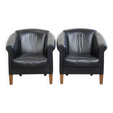 Set of 2 Black Cowhide Leather Club Chairs in English Style