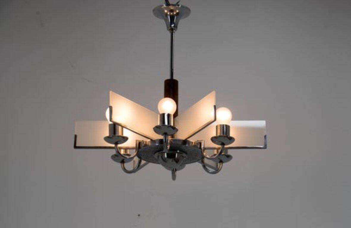 Six-Arm Art Deco Chandelier in Chrome and Sandblasted Glass, 1940s