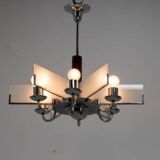 Six-Arm Art Deco Chandelier in Chrome and Sandblasted Glass, 1940s