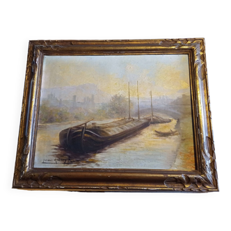 Huile sur toile "Péniche", Yvonac Annurey R, XIXème siècle