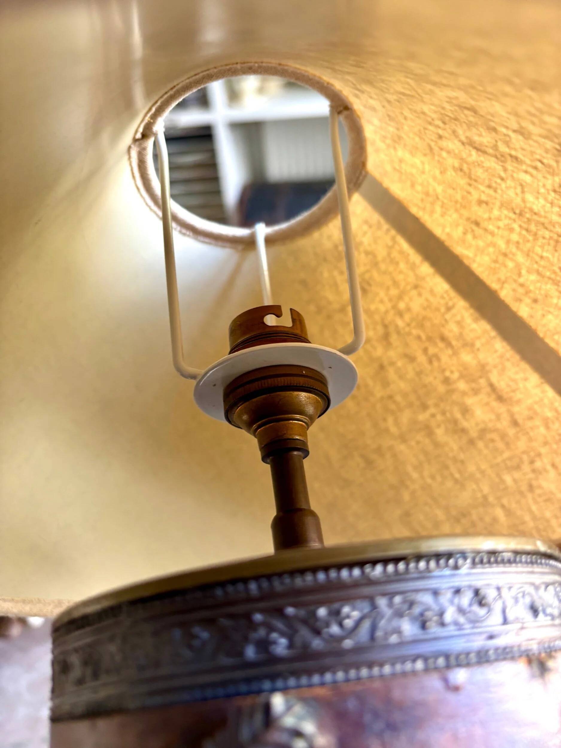 Dark wood and beige cotton block print table lamp