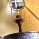 Dark wood and beige cotton block print table lamp