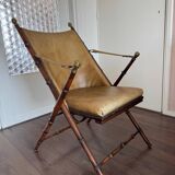 Vintage Faux bamboo, leather campaign folding chair by Maison Jansen, 1950s