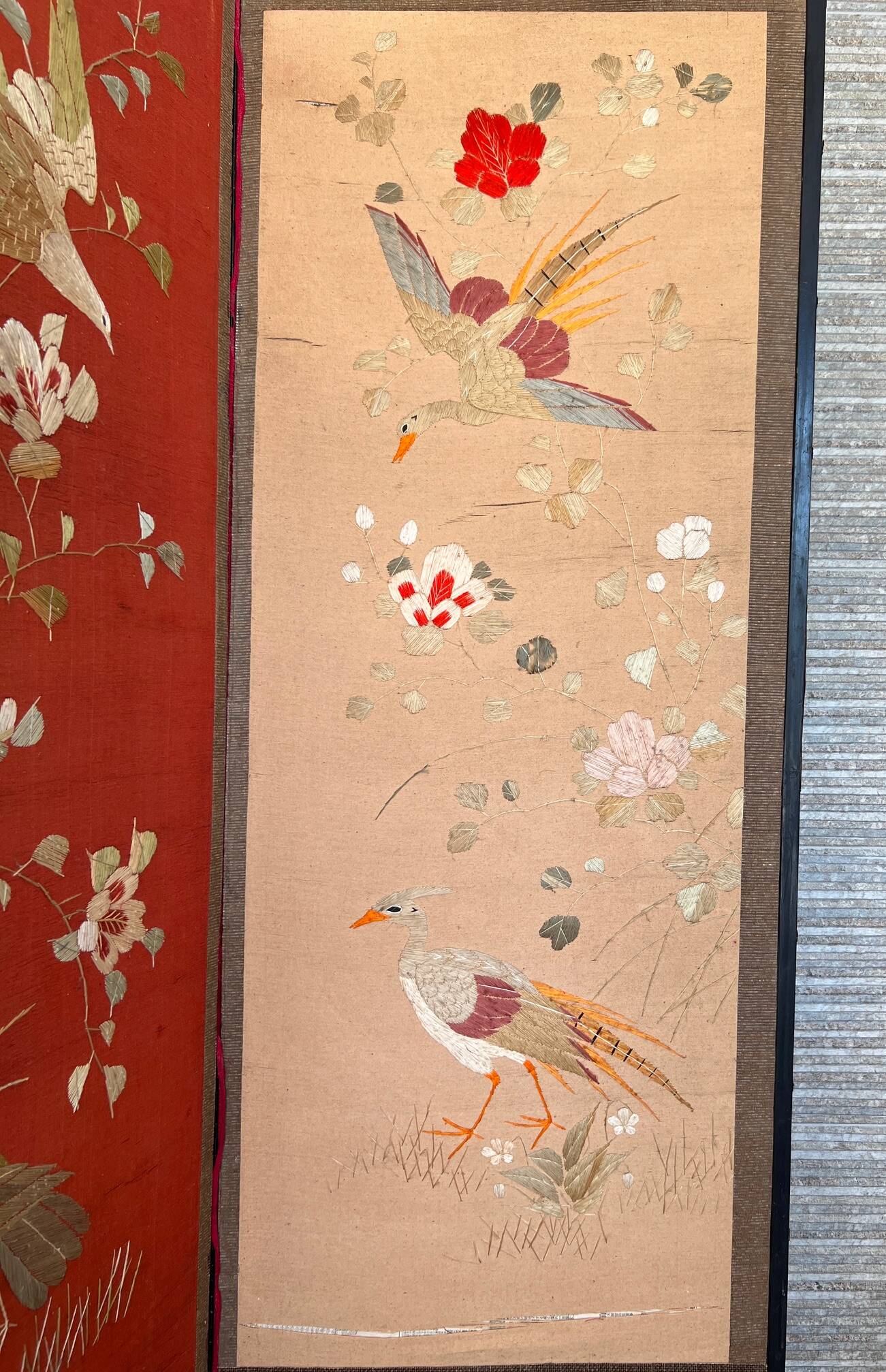 4-panel Japanese screen, 19th century, bird silk embroidery