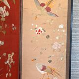 Paravent 4 panneaux japon XIXem, broderie soie oiseau