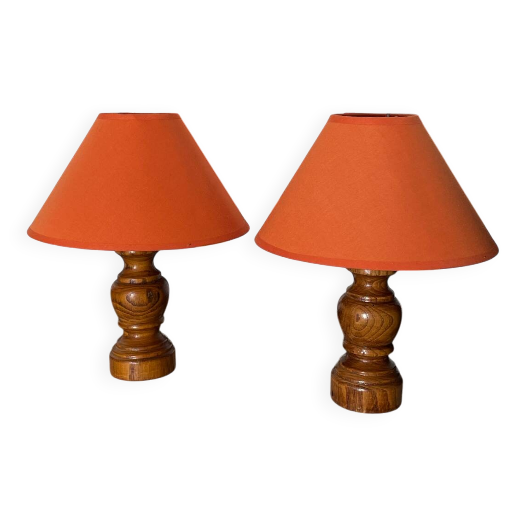 Pair of orange turned wood lamps