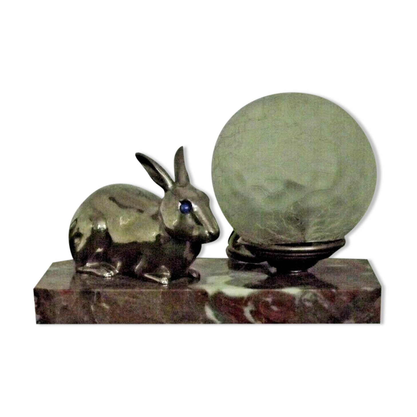 French Art Deco Lamp Marble Base Silver Metal Rabbit Crackle Ball Shade 3365