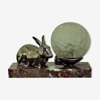 French Art Deco Lamp Marble Base Silver Metal Rabbit Crackle Ball Shade 3365