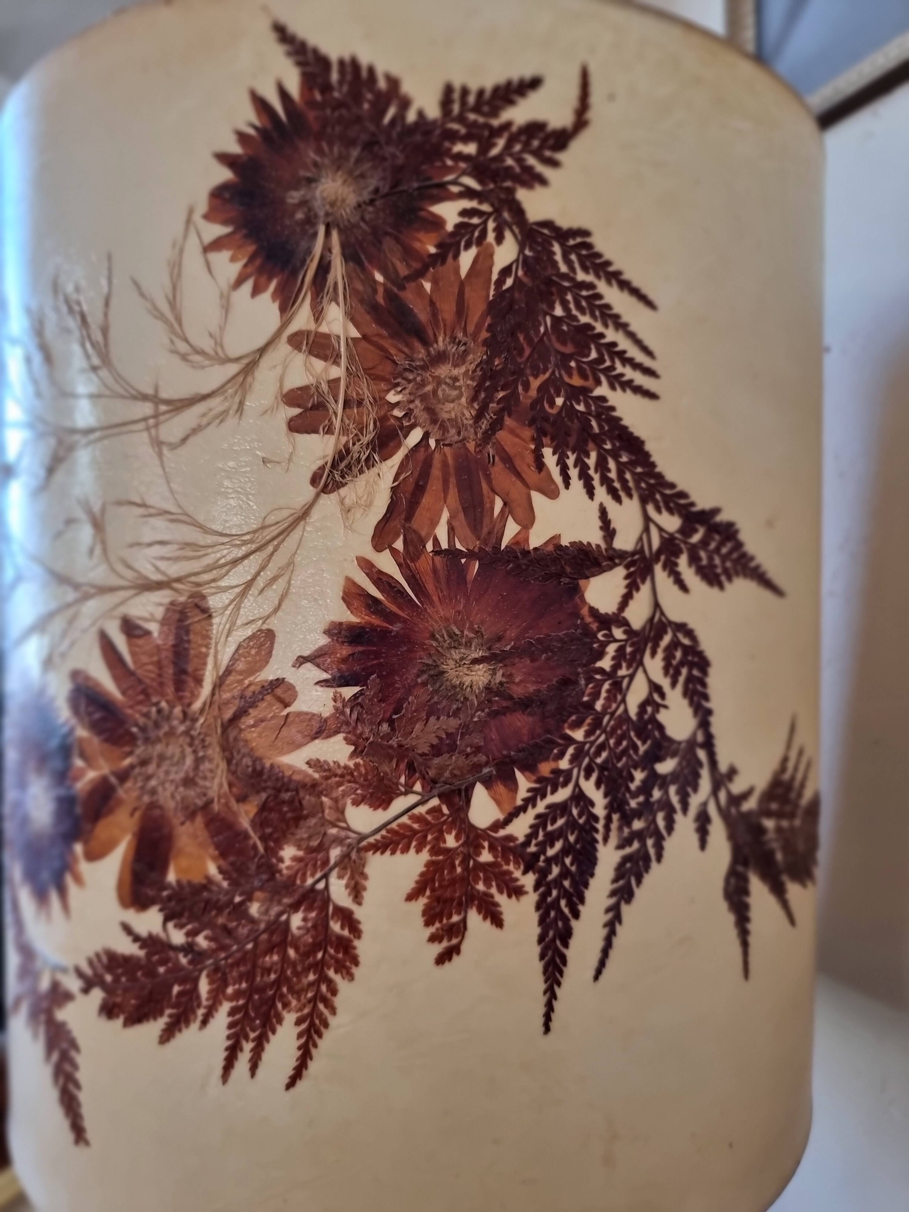 Lampe vintage, abat-jour herbier pied en grès marron