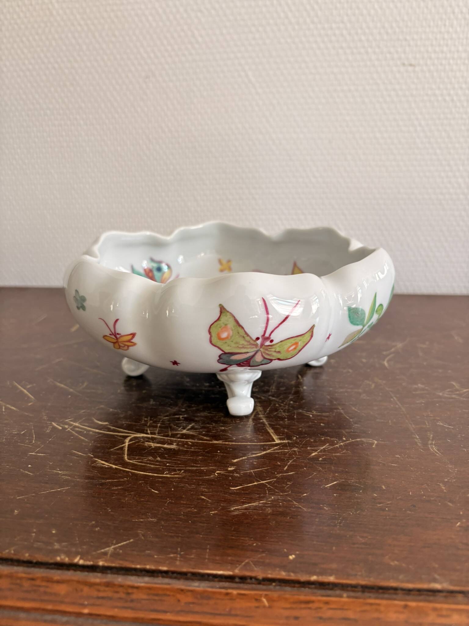 Old Tripod Pocket Bowl Limoges Floral Butterfly Decor Porcelain