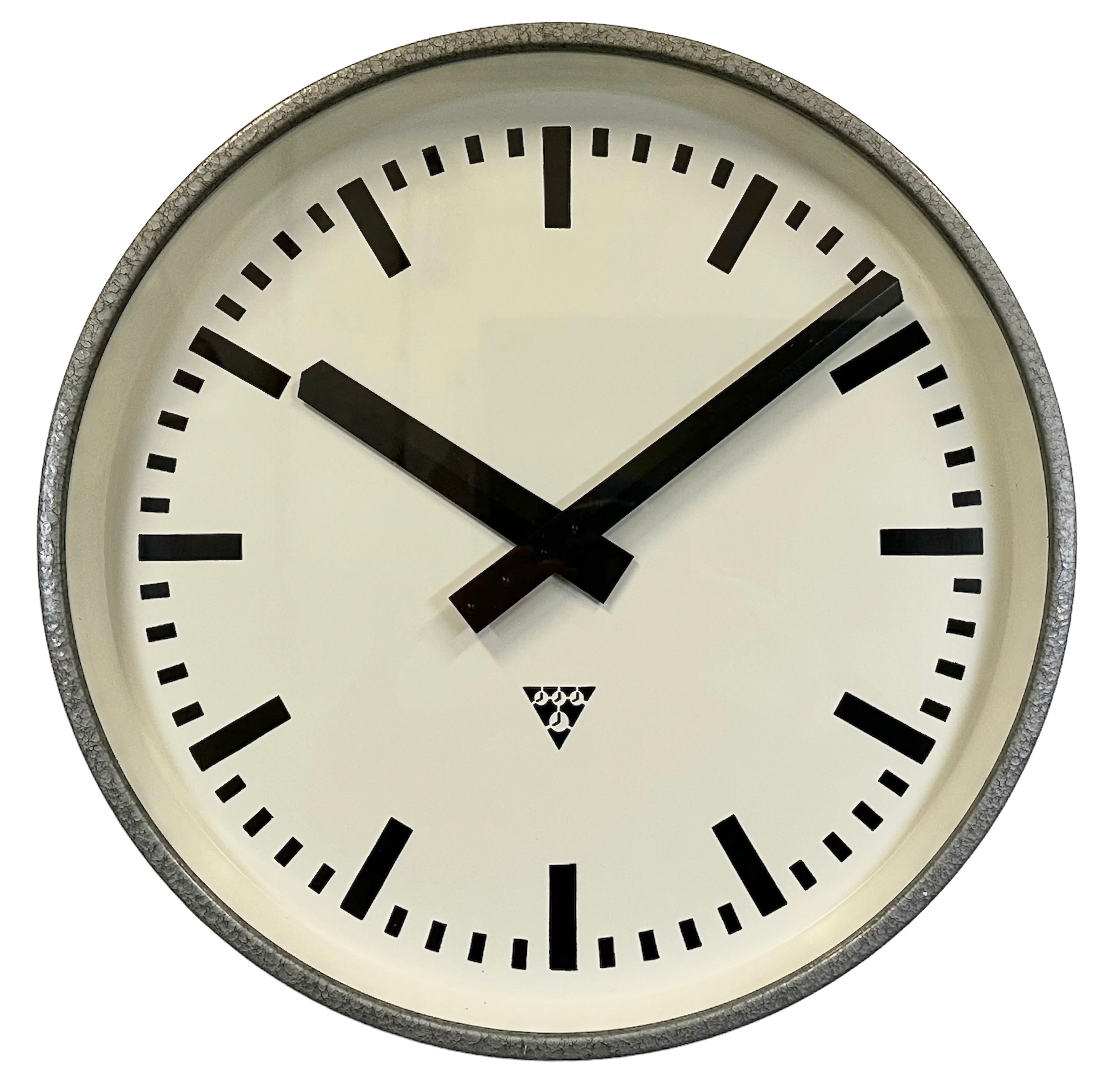 Grey industrial factory wall clock from pragotron, 1960s