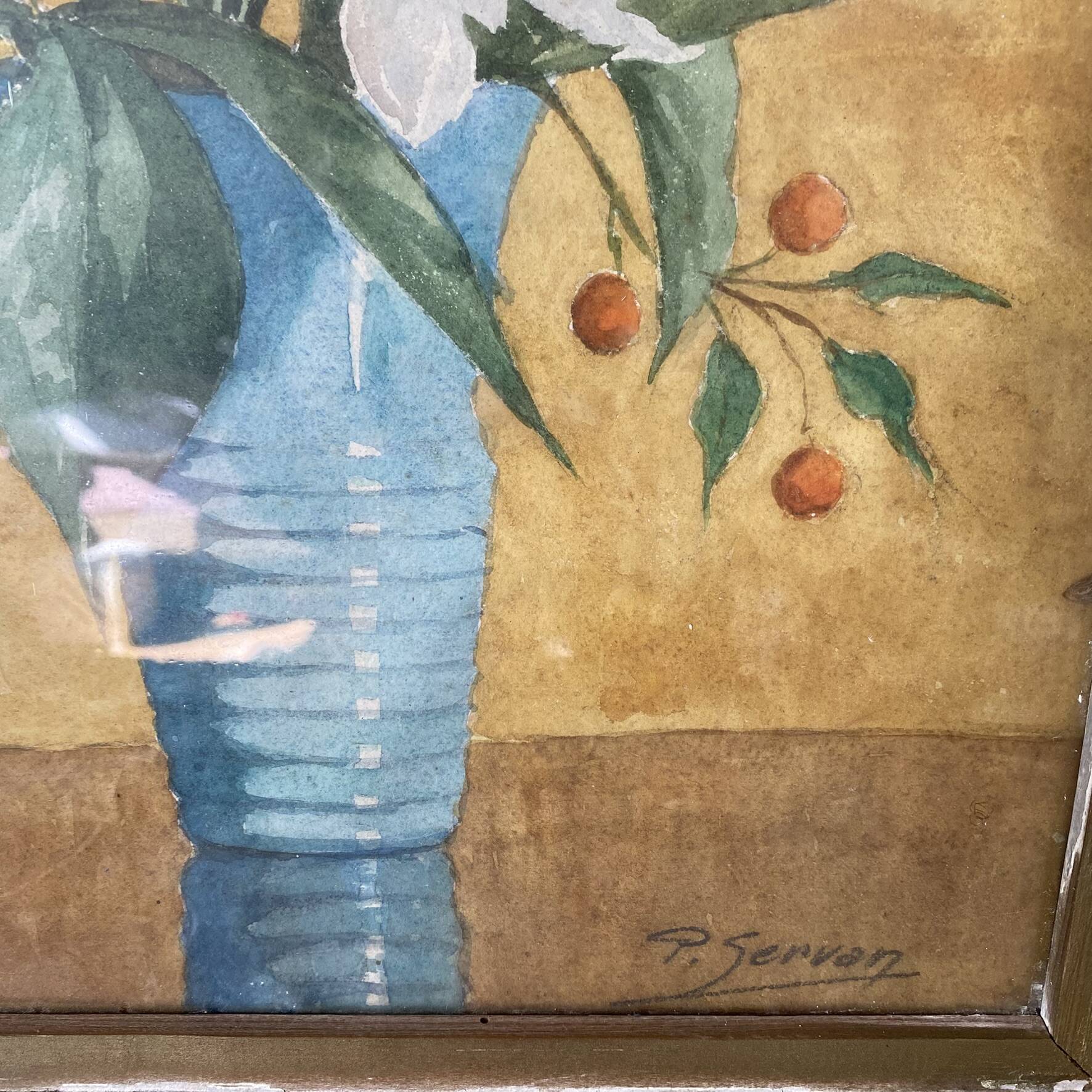 Old painting of a bouquet of flowers, watercolour of white peonies.