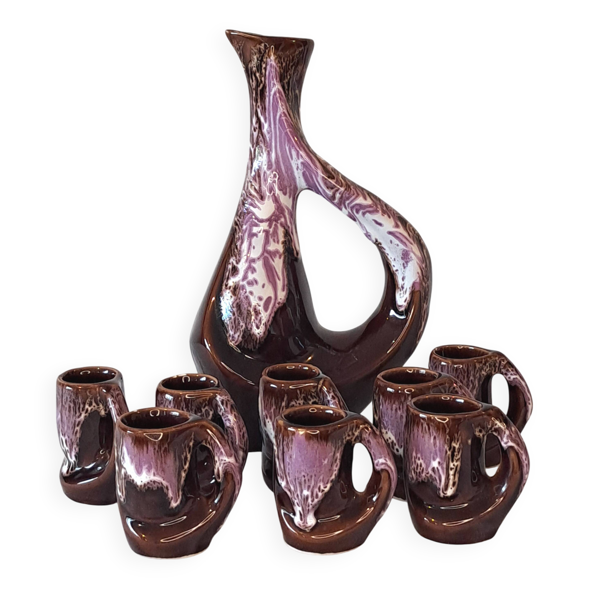 Vintage liqueur set - brown & purple glazed ceramic - 1970s