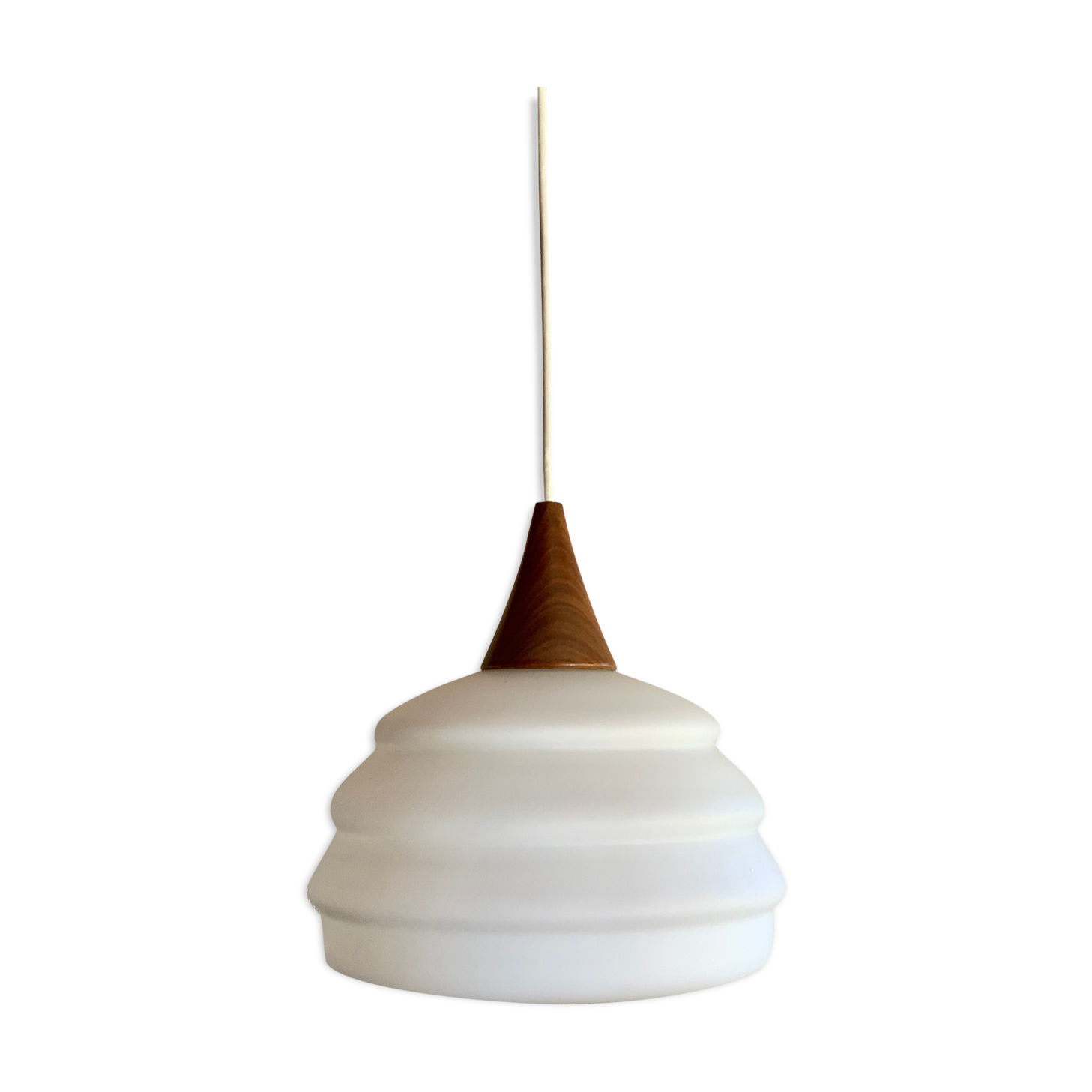 Vintage teak and opaline pendant lamp by Louis Kalff for Philips