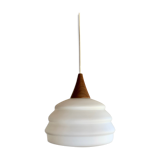 Vintage teak and opaline pendant lamp by Louis Kalff for Philips