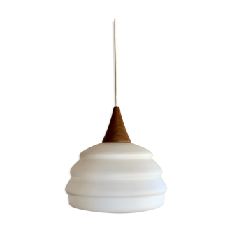 Vintage teak and opaline pendant lamp by Louis Kalff for Philips