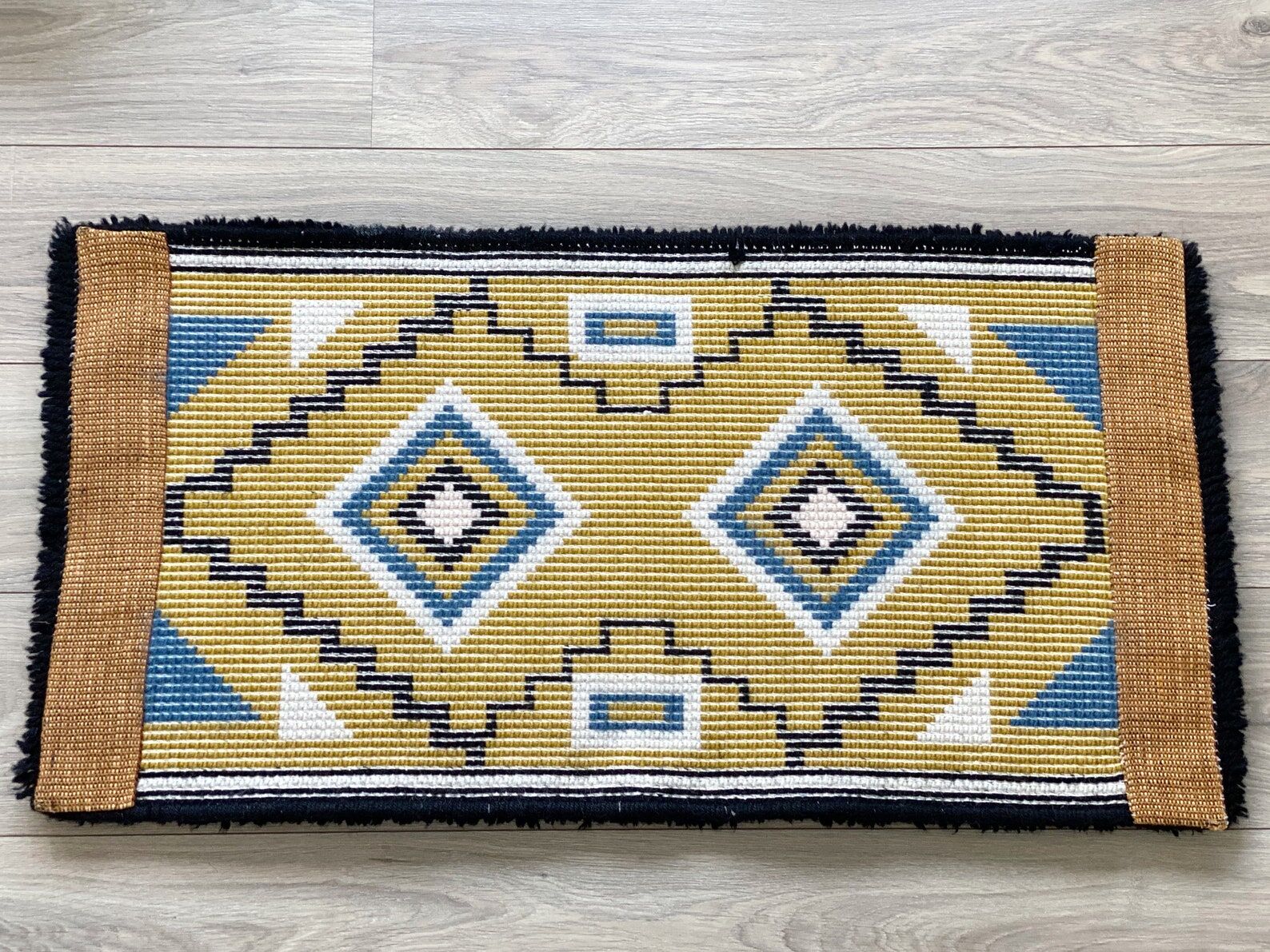 Vintage ocher yellow wool Smyrna carpet / rug