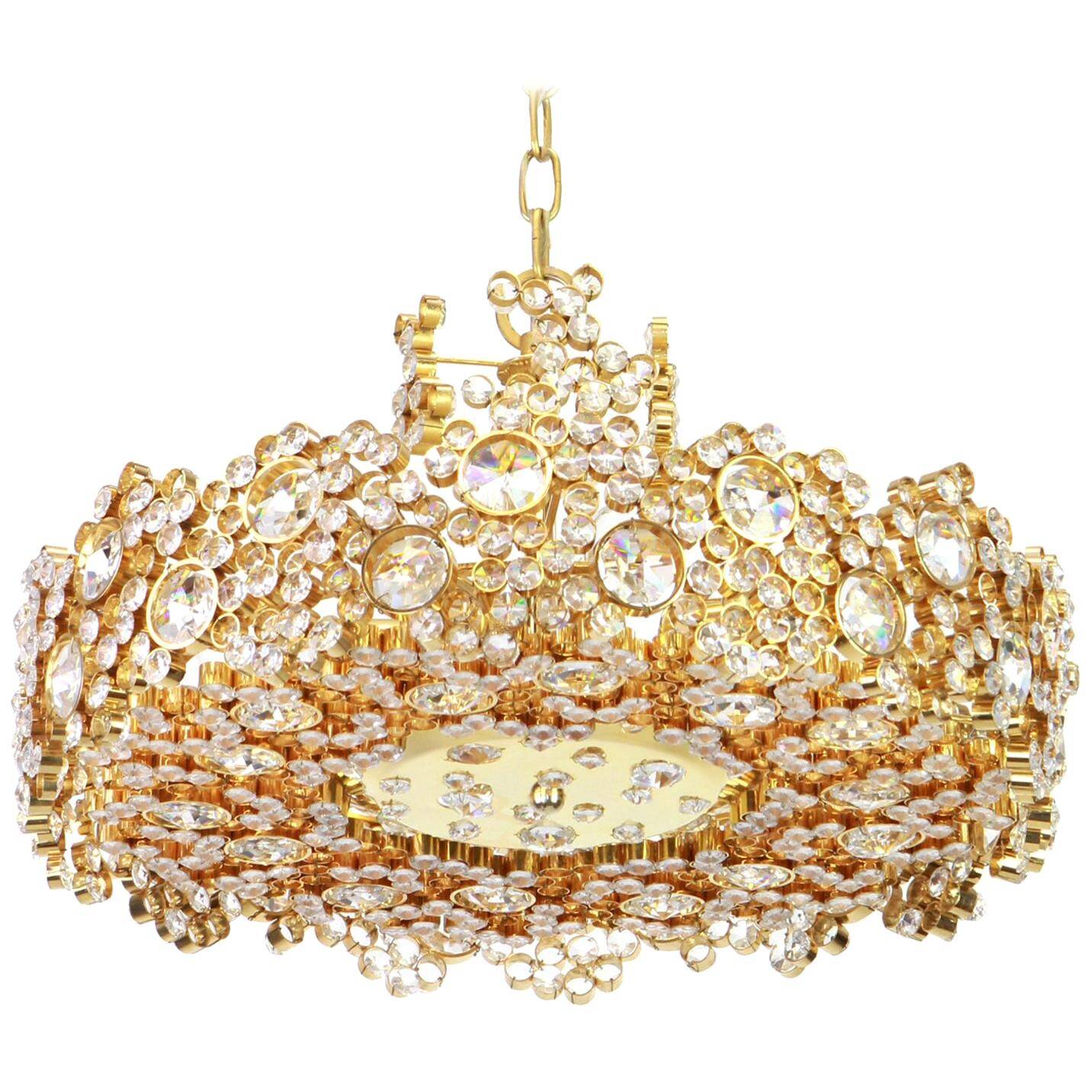 Golden brass chandelier with crystal glass inlays by Palwa, Germany, 1970s.