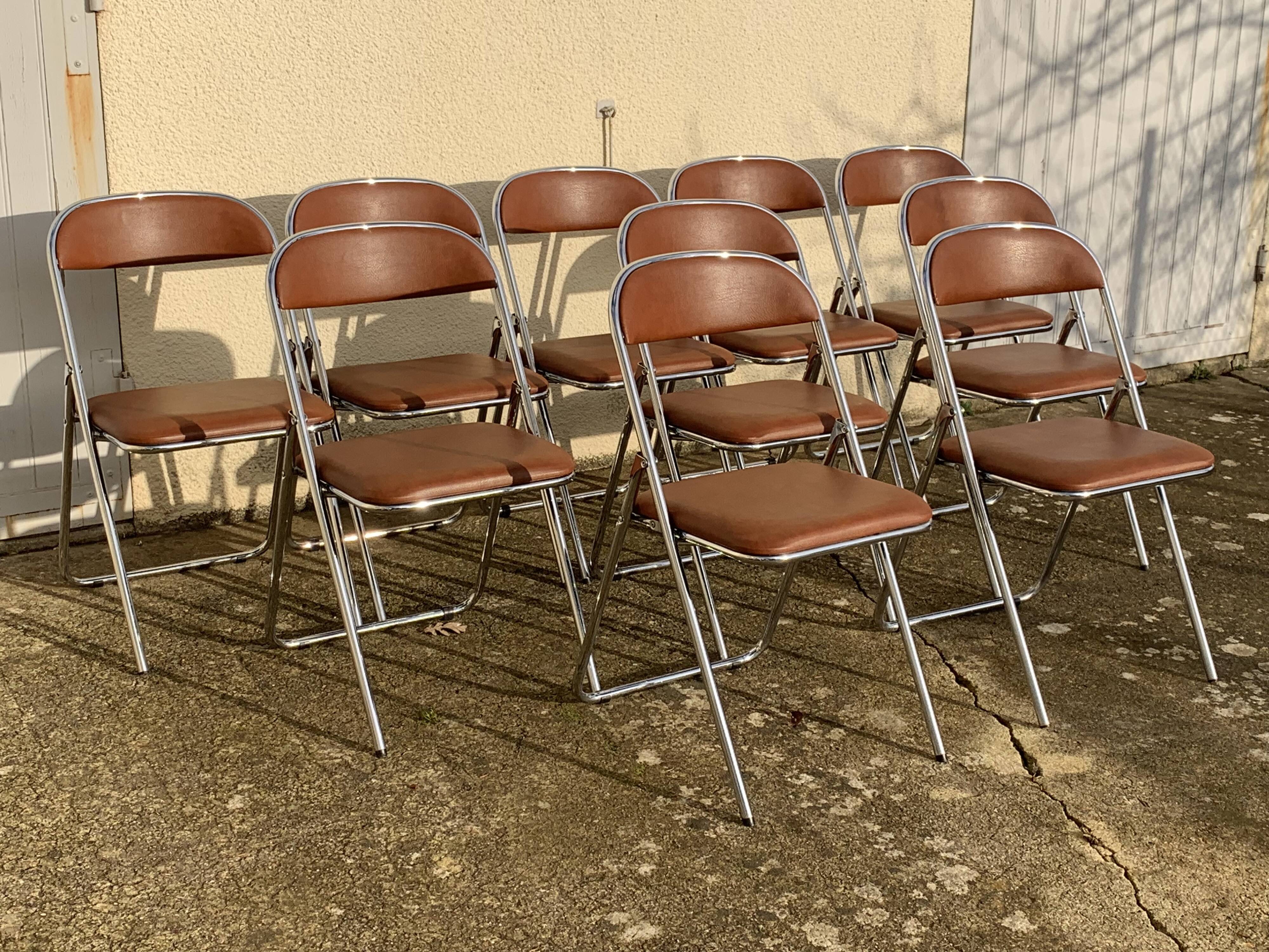 10 vintage skai and chrome metal folding chairs 1970