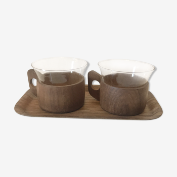 Set de 2 tasses n’ois et verre et petit plateau Suède vintage