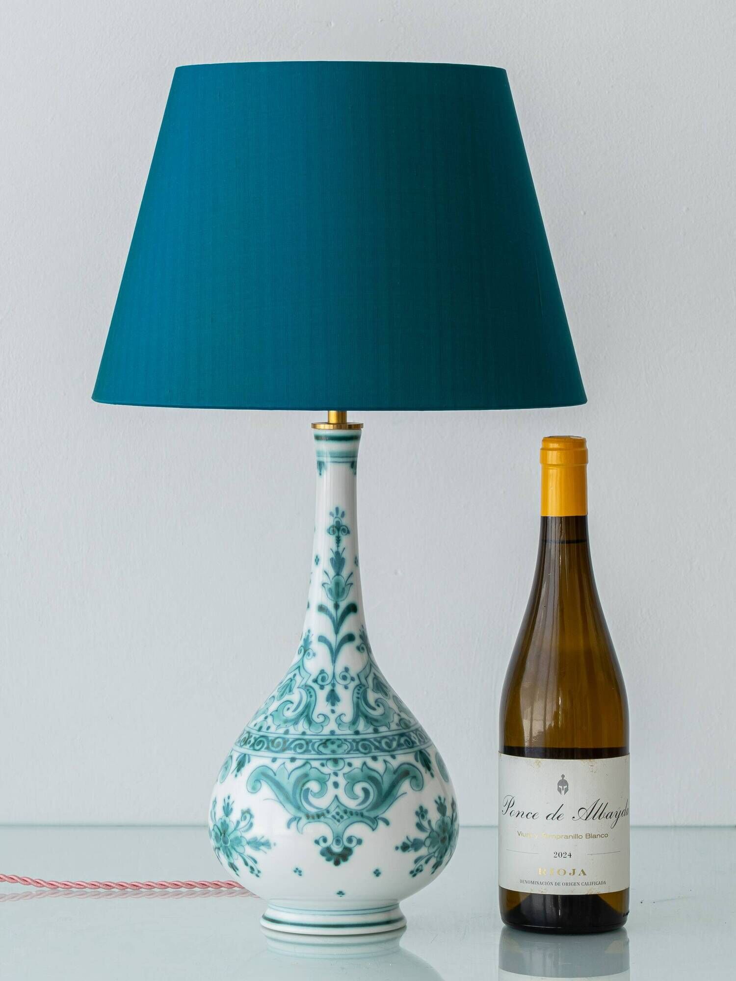 Vintage Royal Delft Ceramic Table Lamp, Rare Teal Delvert Glaze, New Lampshade