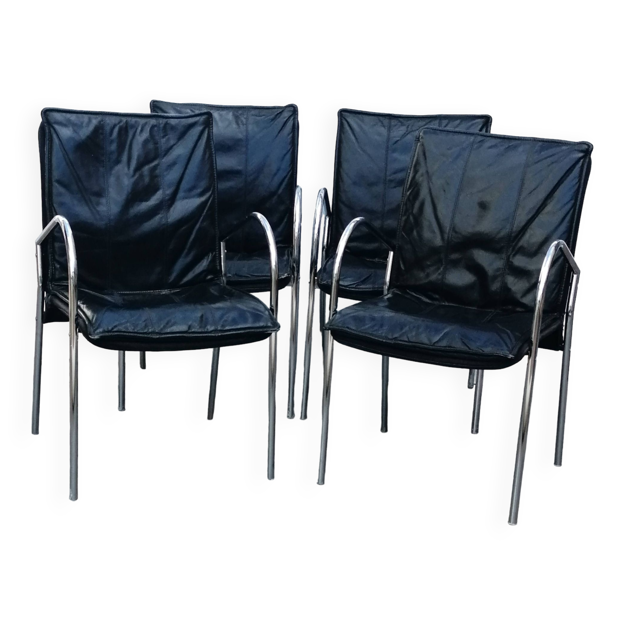 Set of 4 armchairs with chrome base and leather vintage design 1980