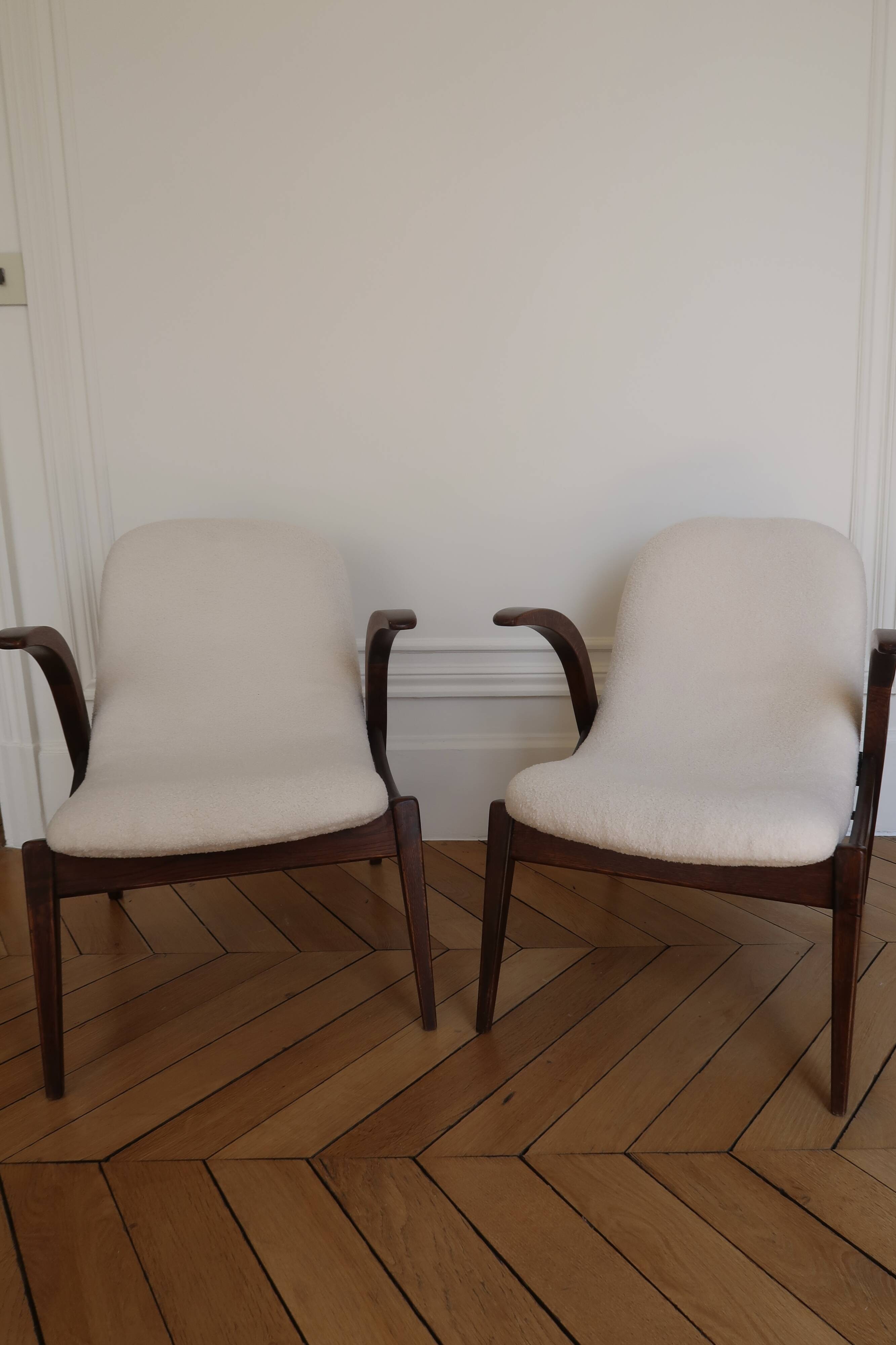 Two armchairs in wood and bouclé fabric by jan vanek, 1960s
