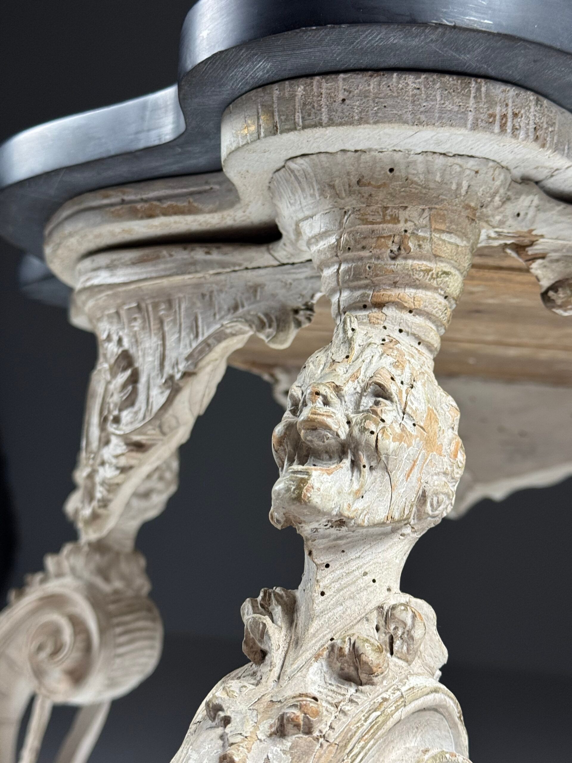 French side table hand-carved wood with marble top