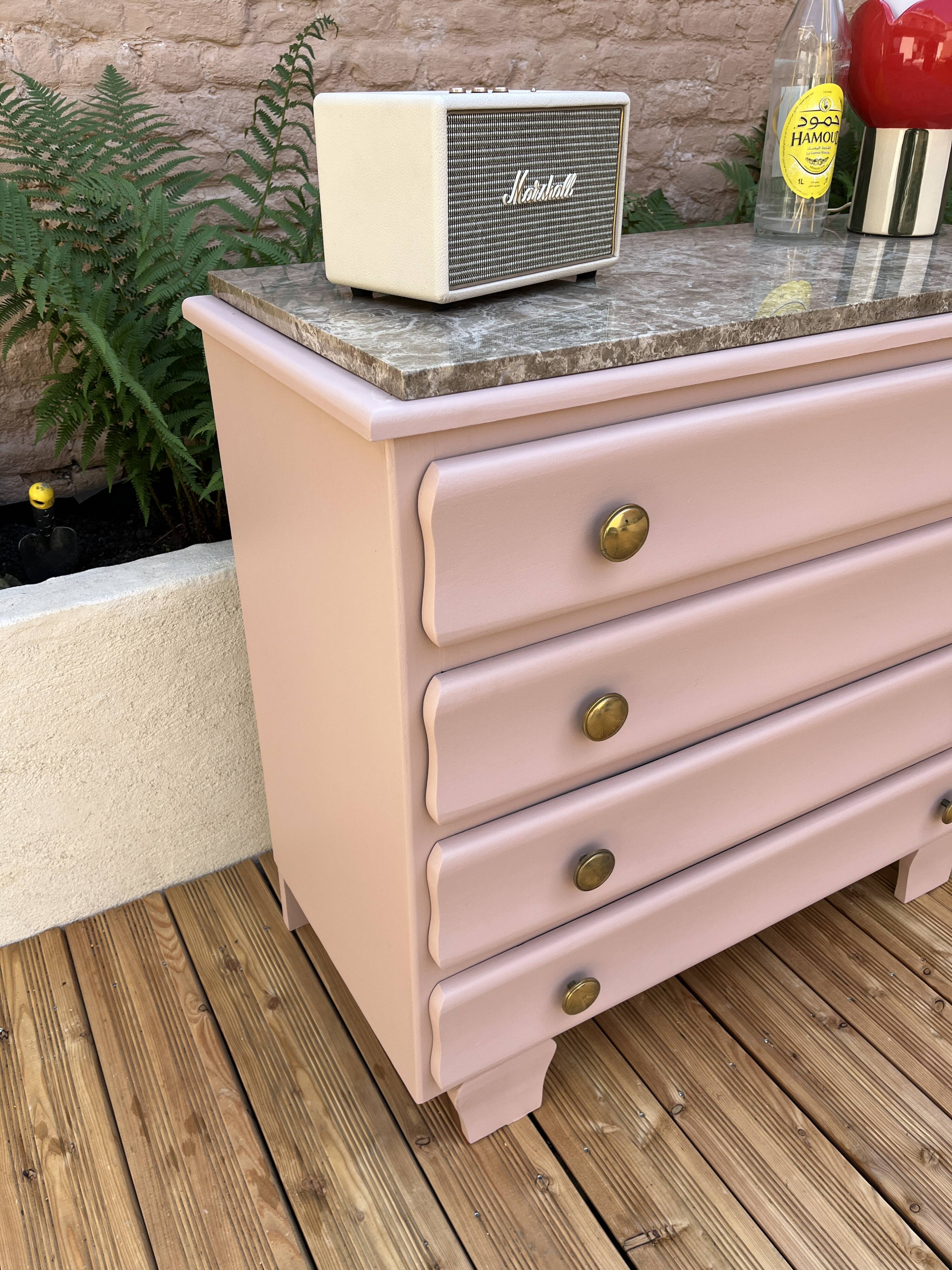 Pink wood and marble chest of drawers, 1950s