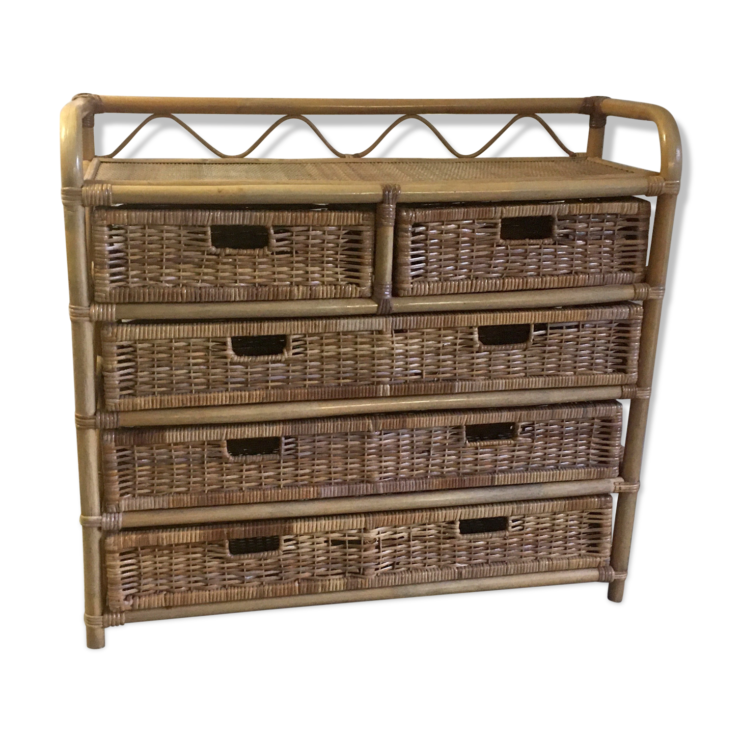 Dresser 5 rattan drawers - 70s