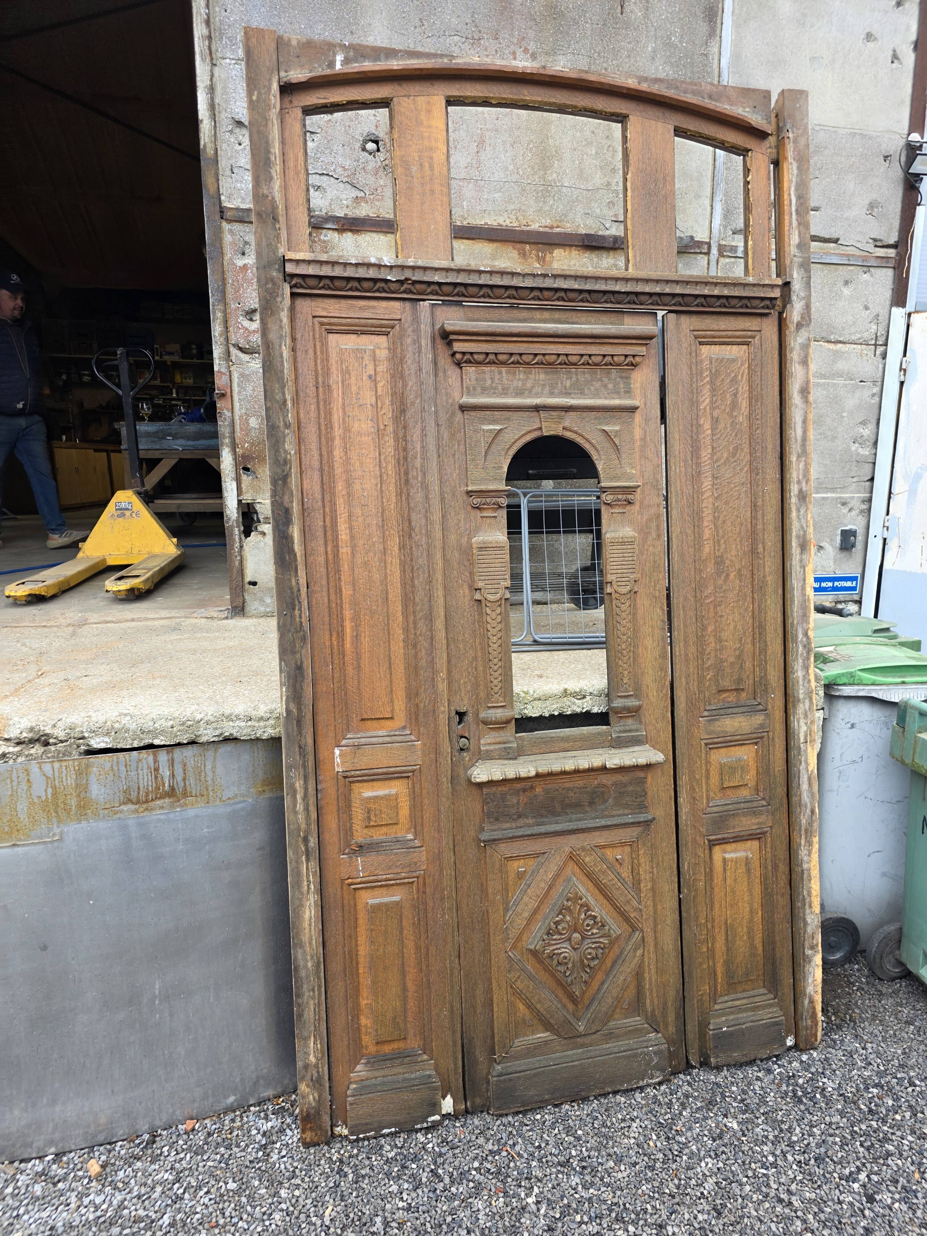 19th-century solid oak entrance door with three openings, including frame.