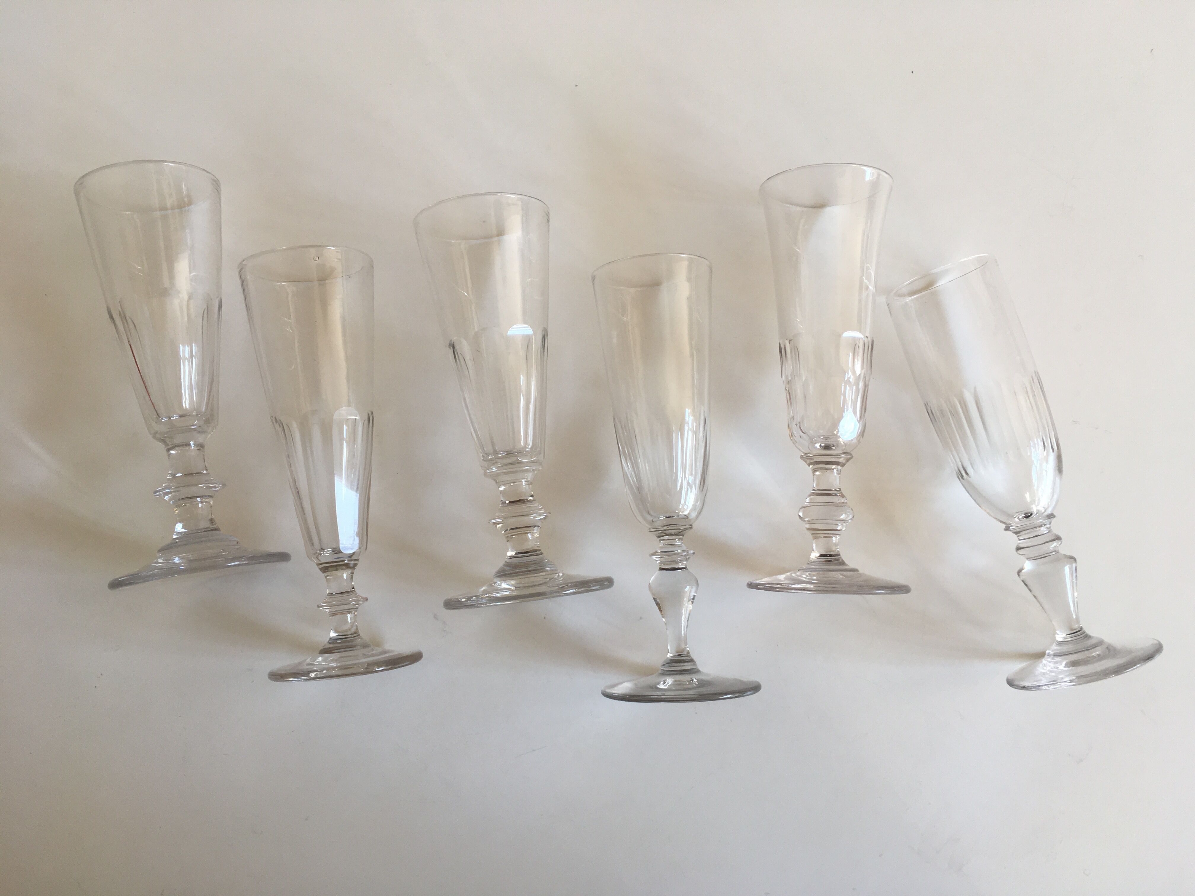 Set of 6 assorted champagne flutes late 19th century cut with cut-offs
