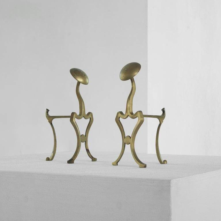 Paire d'Andirons Jugendstil en laiton patiné, style Art nouveau, début 20e siècle